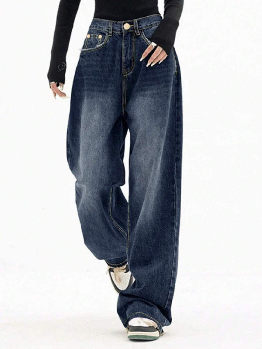 Jeans vaqueros de pierna ancha y lavados casual para mujer