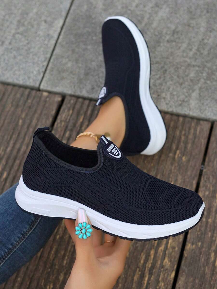 Tênis Casuais Versáteis de Bico Redondo com Respiração em Tela, Material Tricotado, Estilo Europeu na Moda, Primavera/Verão/Outono