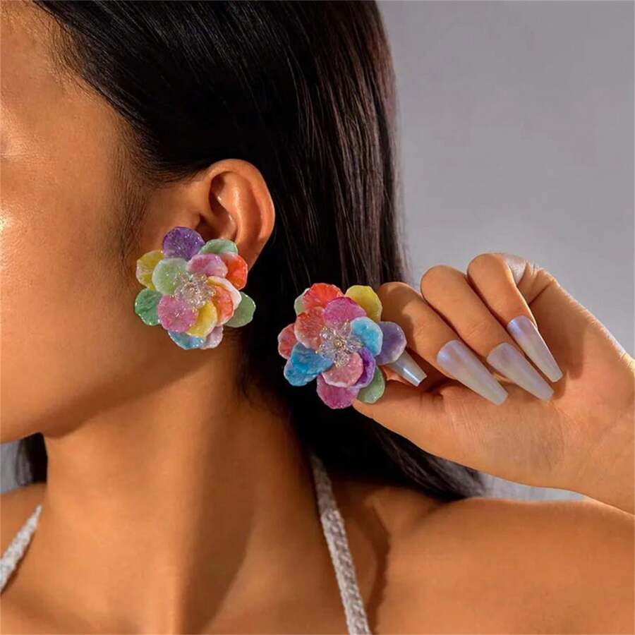 BMOR 1 Pair Sweet Earrings Colorful Resin Flower Stud Earrings For Women Girls Exquisite Elegant Petal Earrings Party Jewelry Accessories