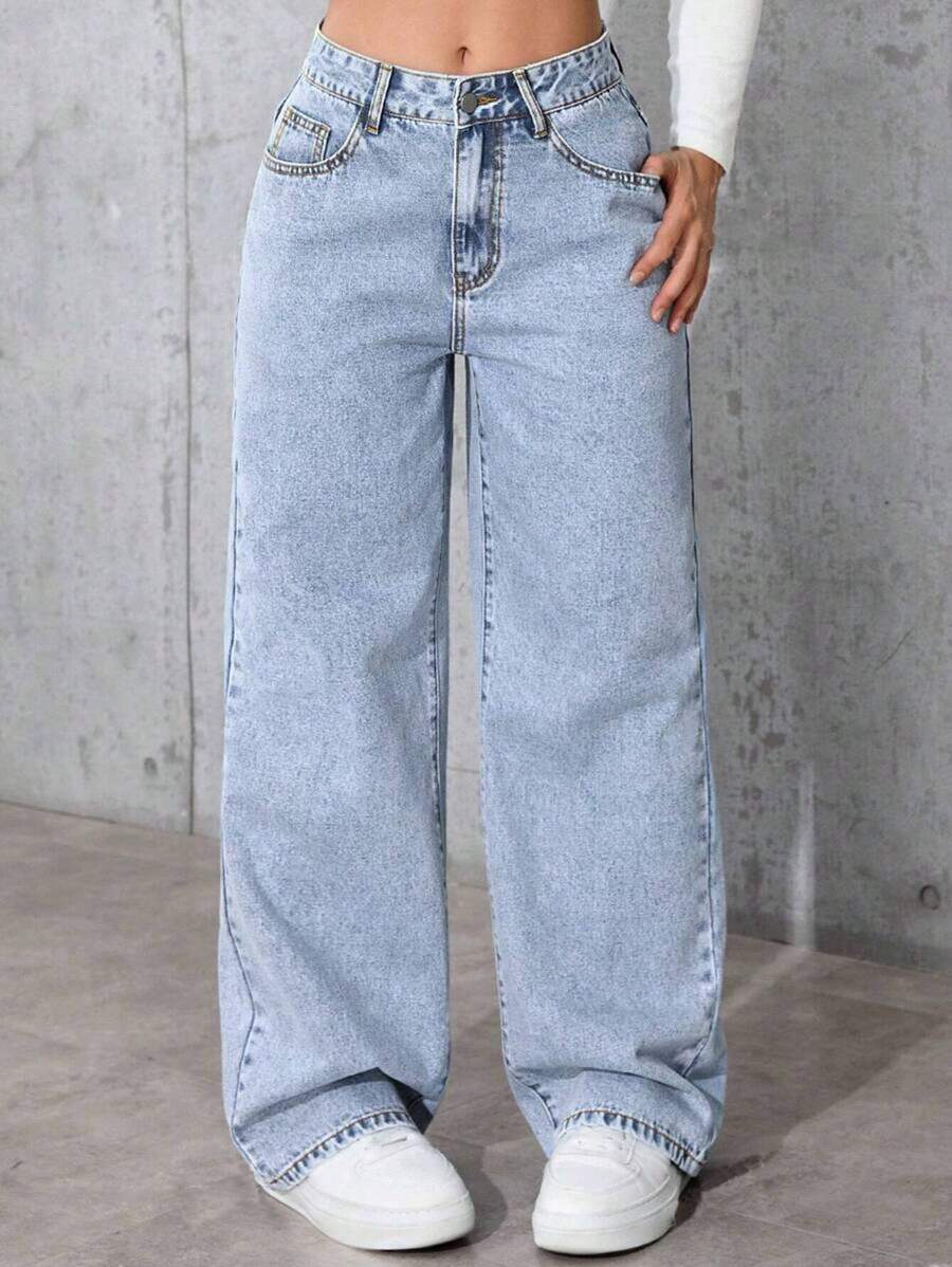 Teen Girls' Fashionable Versatile Solid Color Pocketed Denim Wide Leg Pants