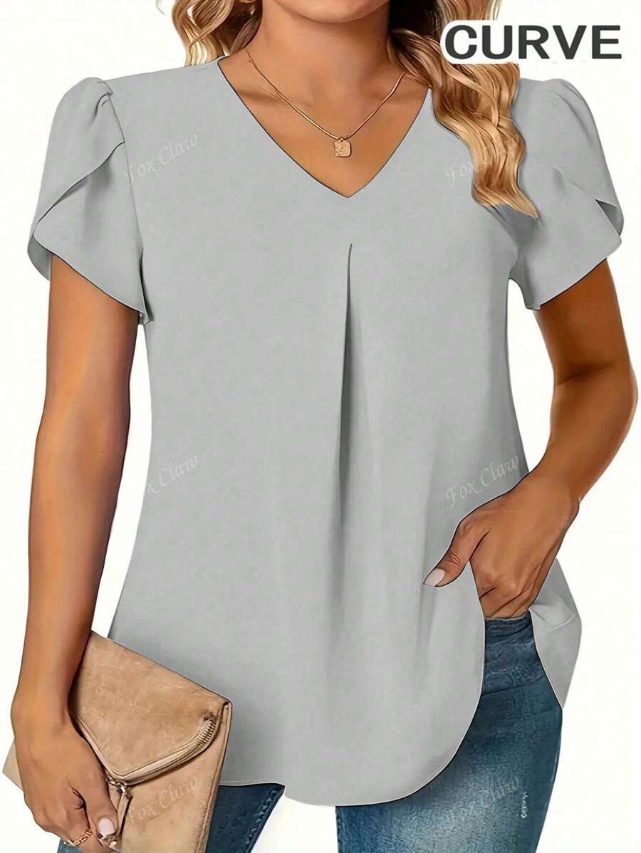 Plus Women's Solid V-Neck Petal Short Sleeve Blouse Tops