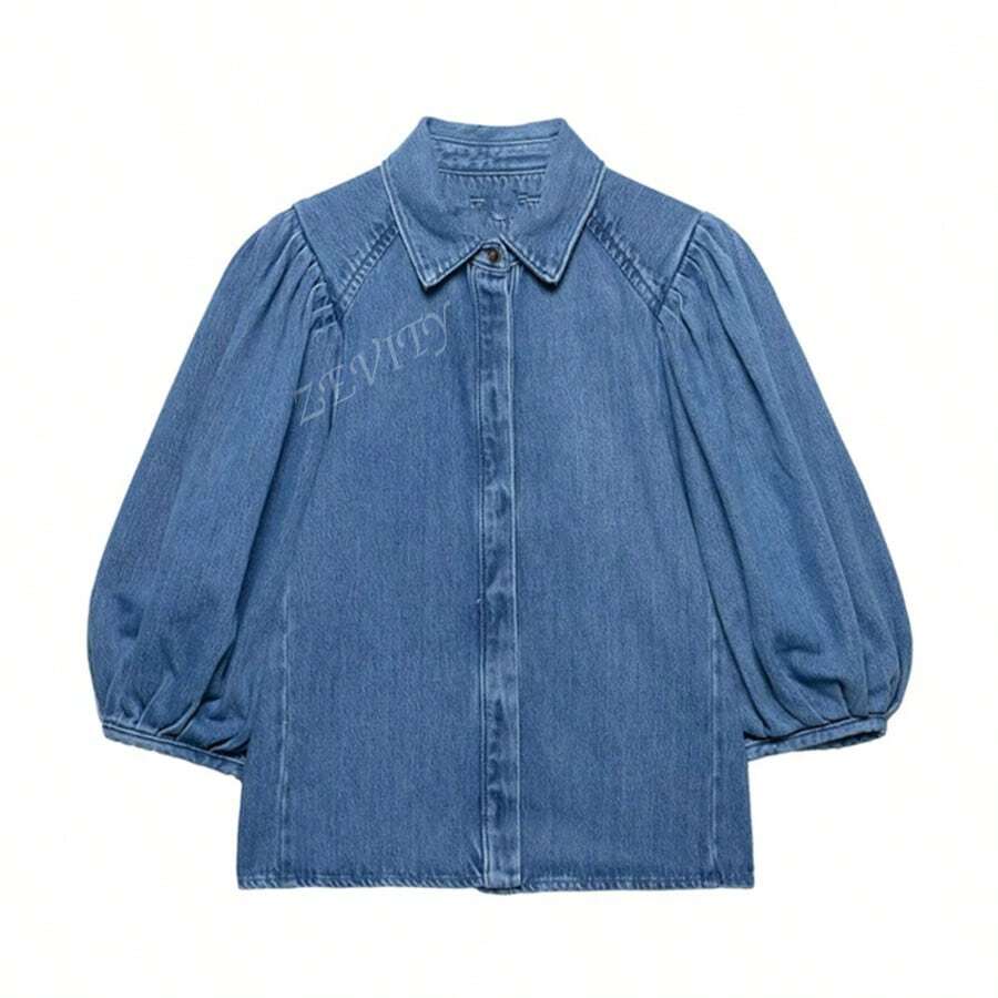 ZEVITY Plain Color Pleated Sleeve Single-Breasted Casual Denim Top