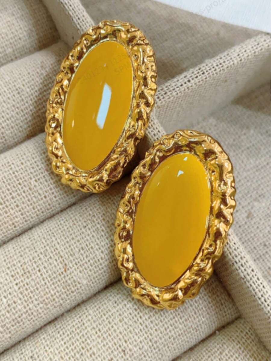 1 Pair 2025 New Niche Design Geometric Oval Mustard Tie-Dye Braided Stud Earrings, Vintage French High-End Fashion Jewelry For Women