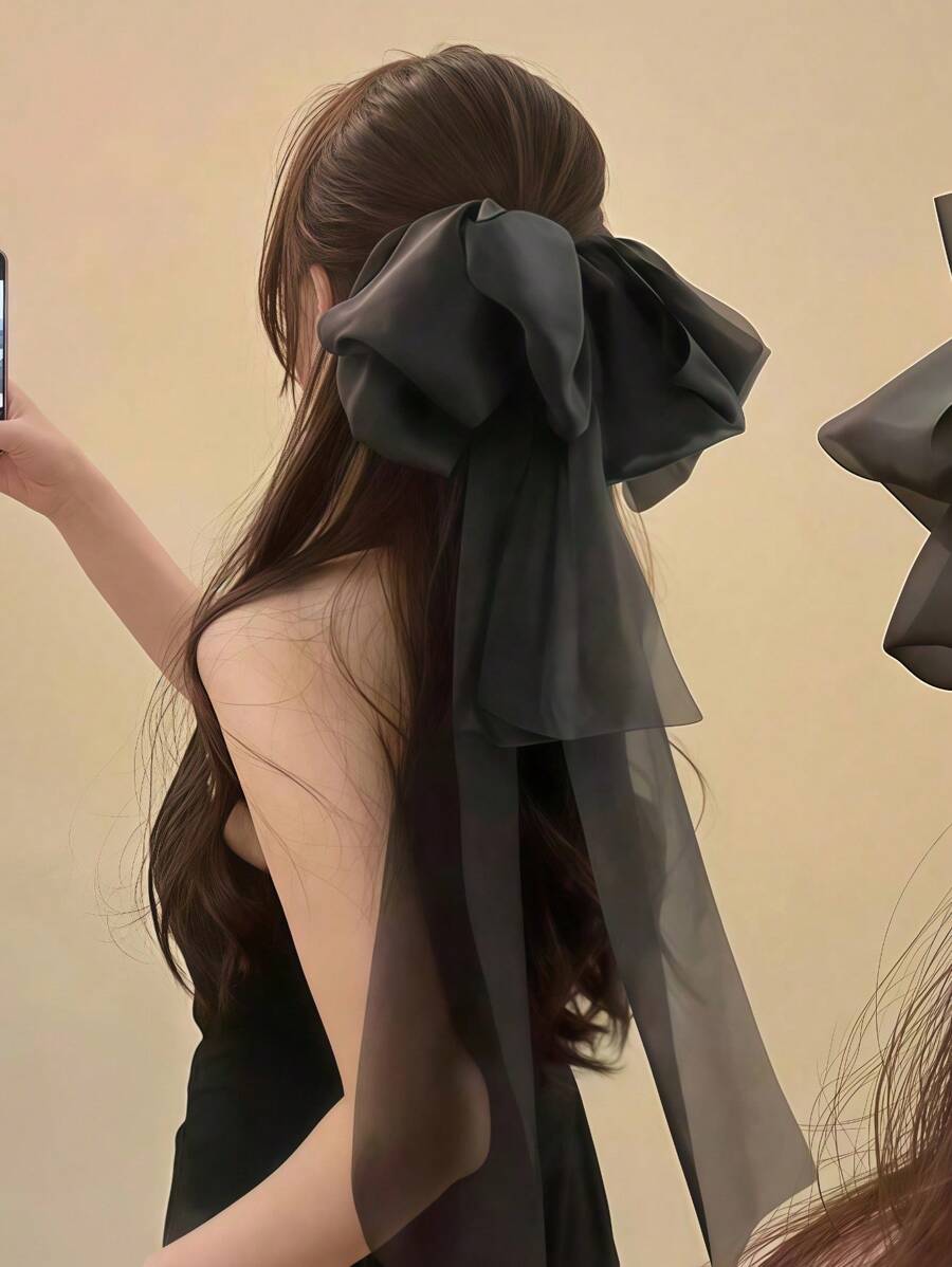 1 Stück extra großer Schleifenmesh-Haarclip mit langen Schleifen-Bändern, schwarzer eleganter Haarschmuck als Accessoire für Frauen, geeignet für Alltagstragen, Partys, Hochzeiten, Haarkrallen, Haarspangen