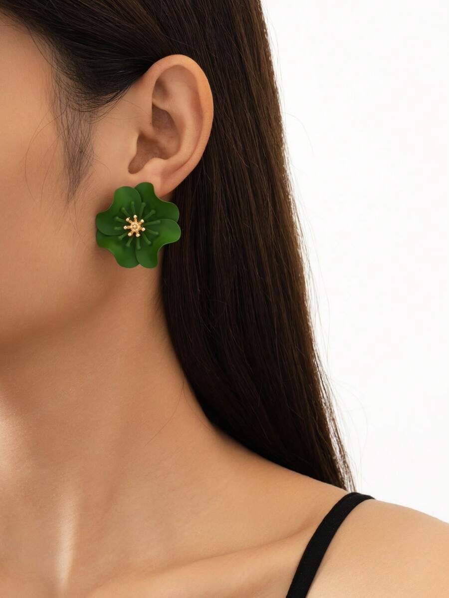 1 Pair Summer Fresh & Vibrant Colorful Dopamine Print Asymmetrical Pleated Double-Layer Flower Stud Earrings, Suitable For Women For Travel, Casual Wear, Party