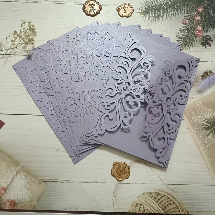 10 Peças Convites de Casamento Cortados a Laser Roxos com Cartões Externos, Tamanho 185mm x 125mm