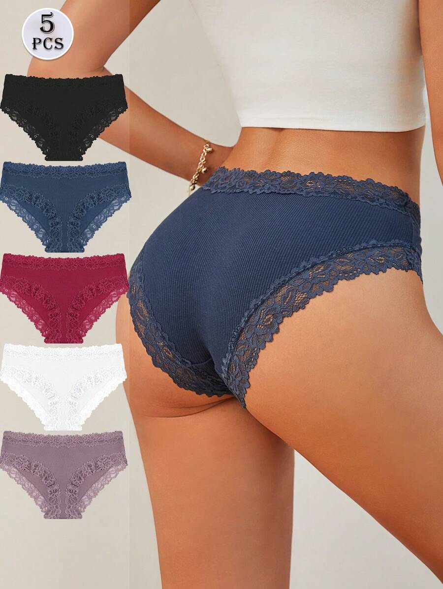 5 paquets de culottes en dentelle contrastée, sous-vêtements respirants
