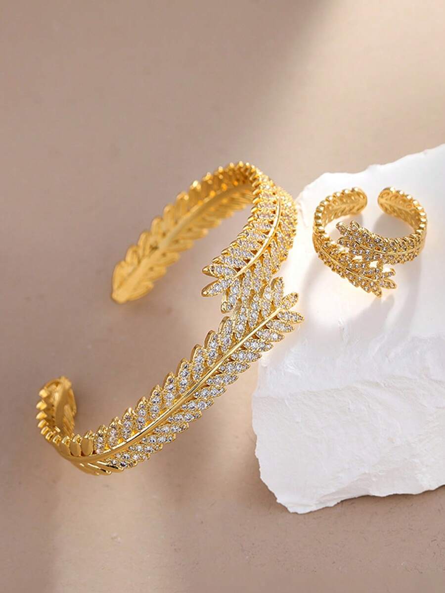 European And American Bracelet Set Including Electroplated Real Platinum-Plated Bangle, High-Grade Zirconia Opening Bangle, Rose Gold Bangle & Ring