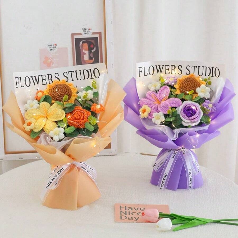 1pc Handmade Eternal Knitted Flower Bouquet, Knitted Tulips & Roses Therapeutic Preserved Flower Birthday/Graduation Gift