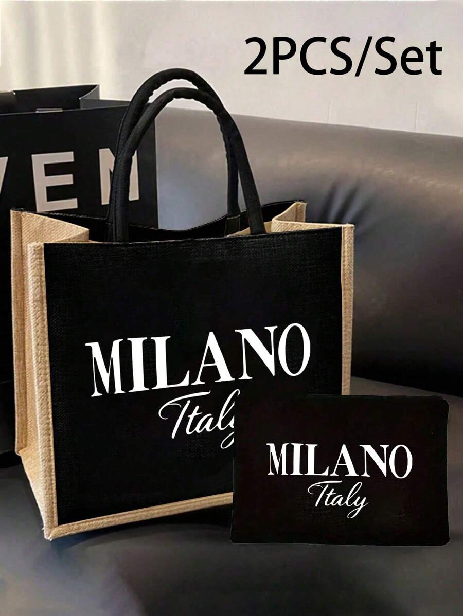 Linen Tote Bags And Small Bags With "Milano" White Letter Print, Coin Purse And Tote Bag Combination, Personalized Gift Packaging, Large Capacity Portable Casual Storage Handbags, Supermarket Shopping Bags. Multifunctional Portable Teacher Handbags, Holiday Shoulder Bags, Suitable For Daily Commuting, Business Trips, Beach Vacations, Can Be Given As Gifts To Friends, Family, Birthday Gifts, Mother's Day Gifts, Teacher's Day Gifts.