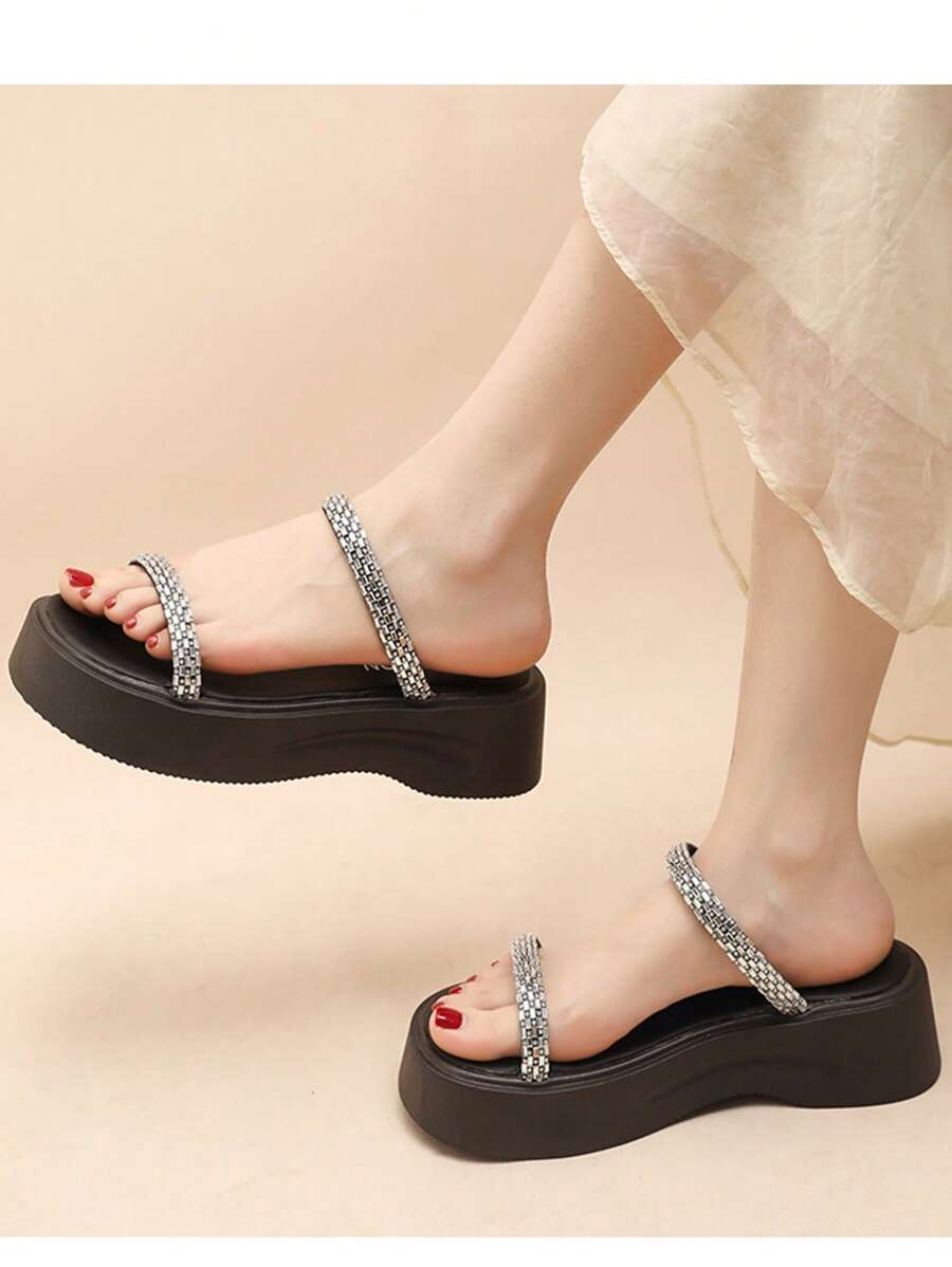 Women's Thick Sole Wedge Platform Sandals, Rhinestone Decorated For Beach, Vacation, Party, White Color