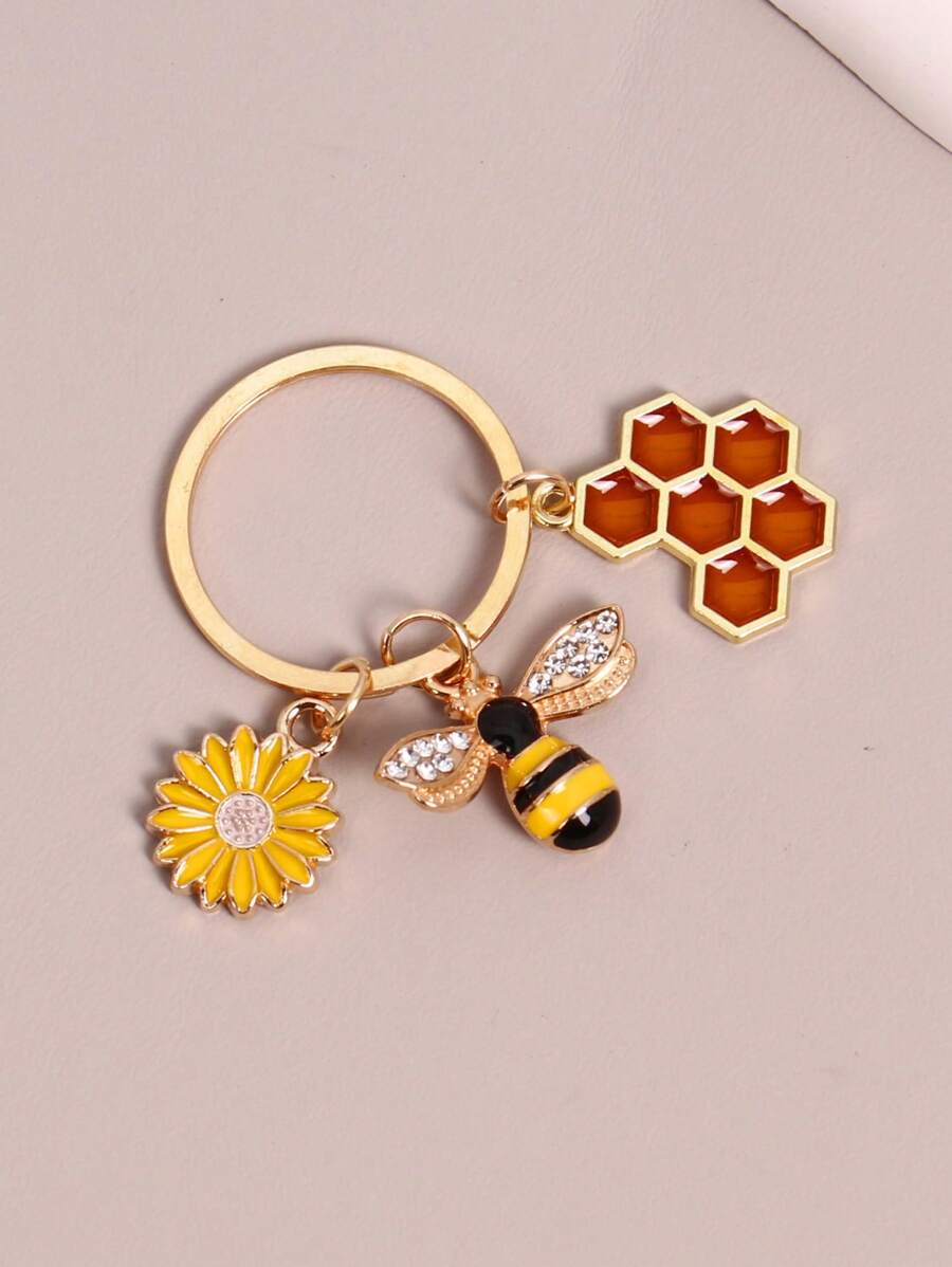 1pc Bee Flower And Honeycomb Keychain Simple Floral Bag Pendant Decoration Accessories For Women, Girls,Mother's Day Gift Car Accessories Bag Charm Backpack For School