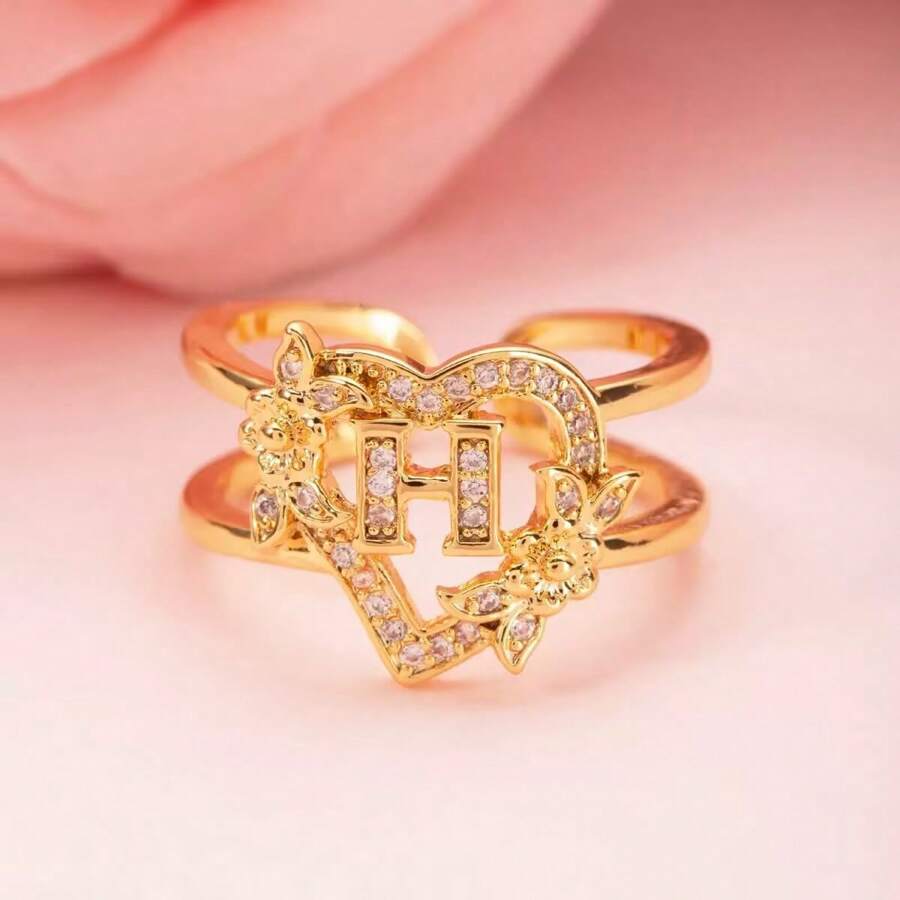 1 pièce Bague cœur initiale en or avec cubic zirconia cubique exquise. 26 lettres de A à Z, personnalisé avec nom. Anneau de manchette floral réglable ouvert. Bijoux personnalisés pour femmes et filles, convient pour usage quotidien, anniversaire et cadeaux