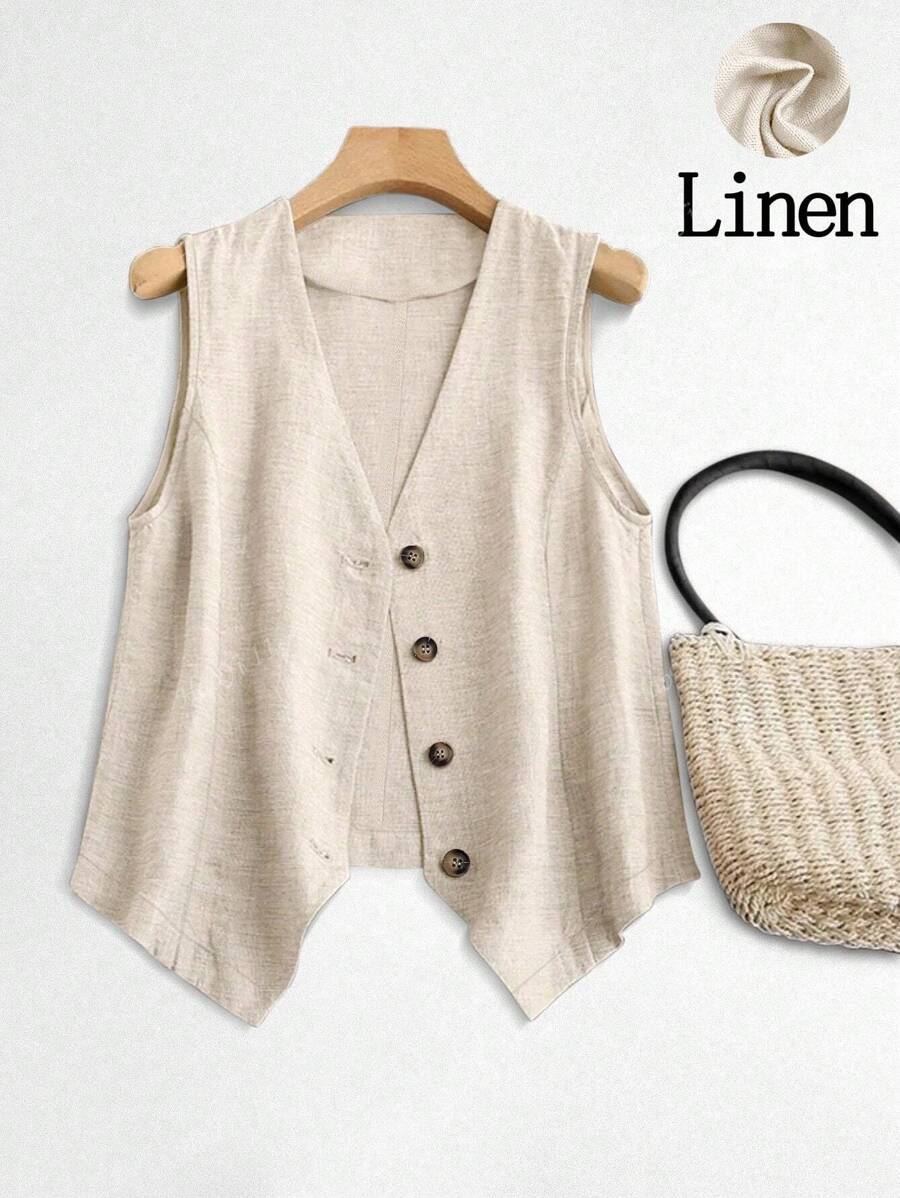 Gilet casuale in lino da donna, giacca corta, adatto per vacanze primaverili ed estive