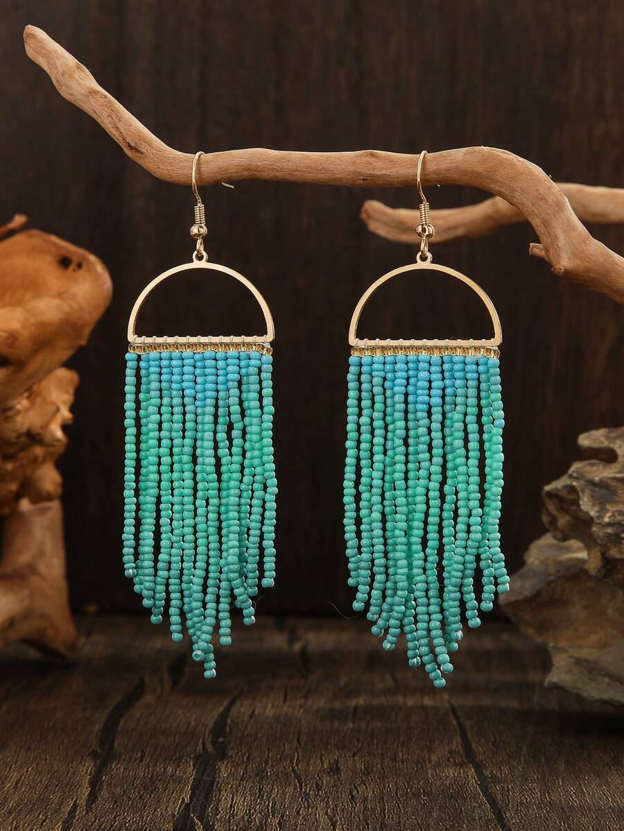Aretes hechos a mano con cuentas, estilo bohemio retro semicirculares de unicolor degradado con borlas colgantes, aretes de moda para mujeres, versátiles para uso diario, vacaciones, festivos, Acción de Gracias, Día de San Valentín, regalos del Día de la Madre