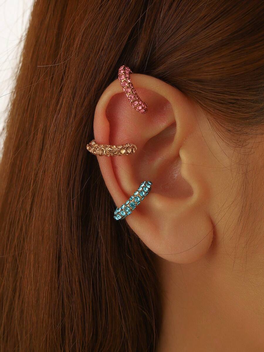 Set de 3 piezas/1 pieza de clips de oreja con rhinestone de moda y sencillos, casuales y versátiles