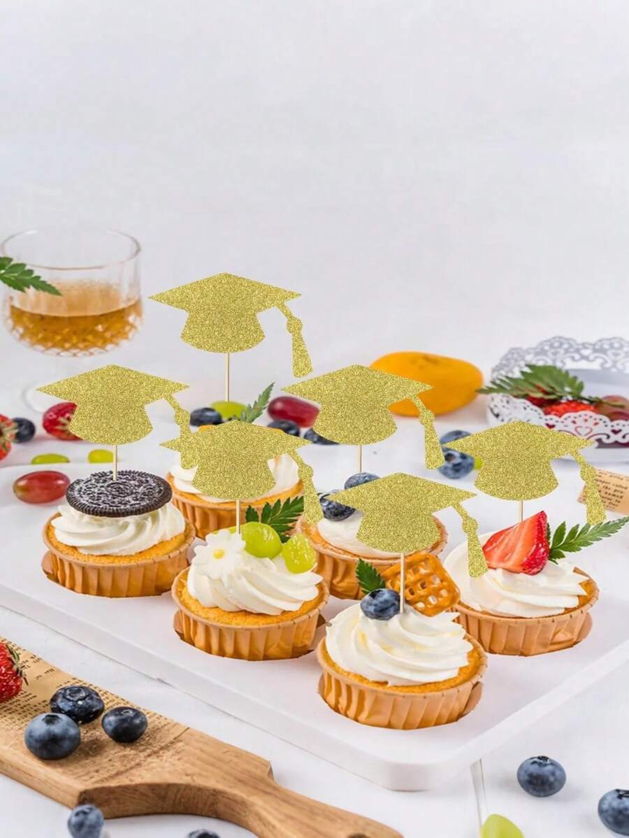 24 pièces Décorations de petit gâteau graduations en forme de toque noire et or pailleté - fournitures de décoration de petit gâteau pour fête de graduation