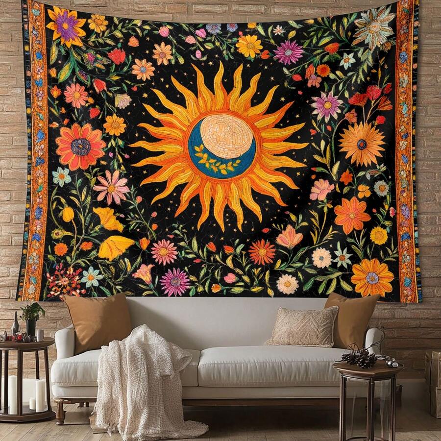 1 pezzo Arazzo in poliestere colorato con sole e fiori, opera d'arte da parete decorativa di stile bohémien, ideale per decorare il soggiorno, la camera da letto, lo studio di yoga e lo spazio di meditazione, un'idea regalo unica per gli amanti della natura