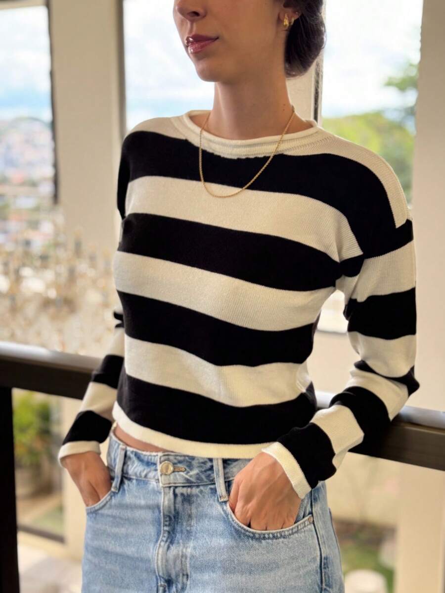 BLUSA LISTRADA TRICOT MODAL MANGA COMPRIDA LISTRADA INVERNO FRIO