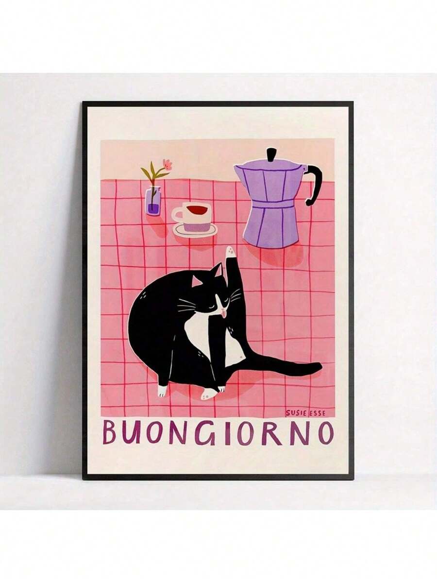 1 pezzo cartellone su tela con gatto in stile Art Deco - Stampa artistica da parete retrò moderna per casa, ufficio, soggiorno, camera da letto, cucina - Decorazione da parete a tema animali da interni opzionale per bagno, primavera e inverno