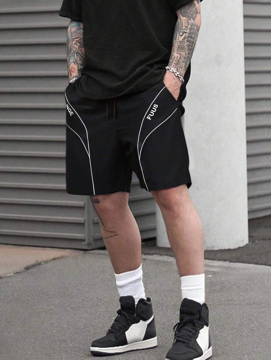 Men's Summer Athletic Workout Woven Shorts, Stripe Decor, Outdoor Basketball Sports