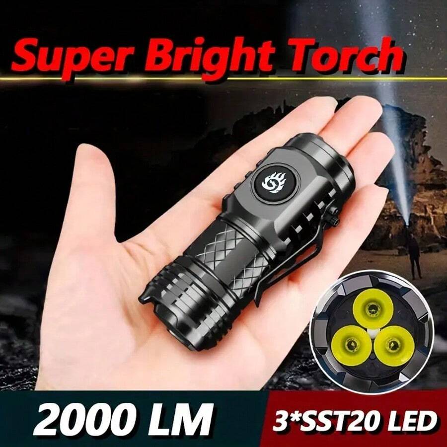 Mini Lanterna Brilhante com 3 lâmpadas LED de alta luminosidade, recarregável via USB, design com clipe, leve e portátil, adequada para uso doméstico, caminhadas noturnas, camping ao ar livre, acessórios de camping