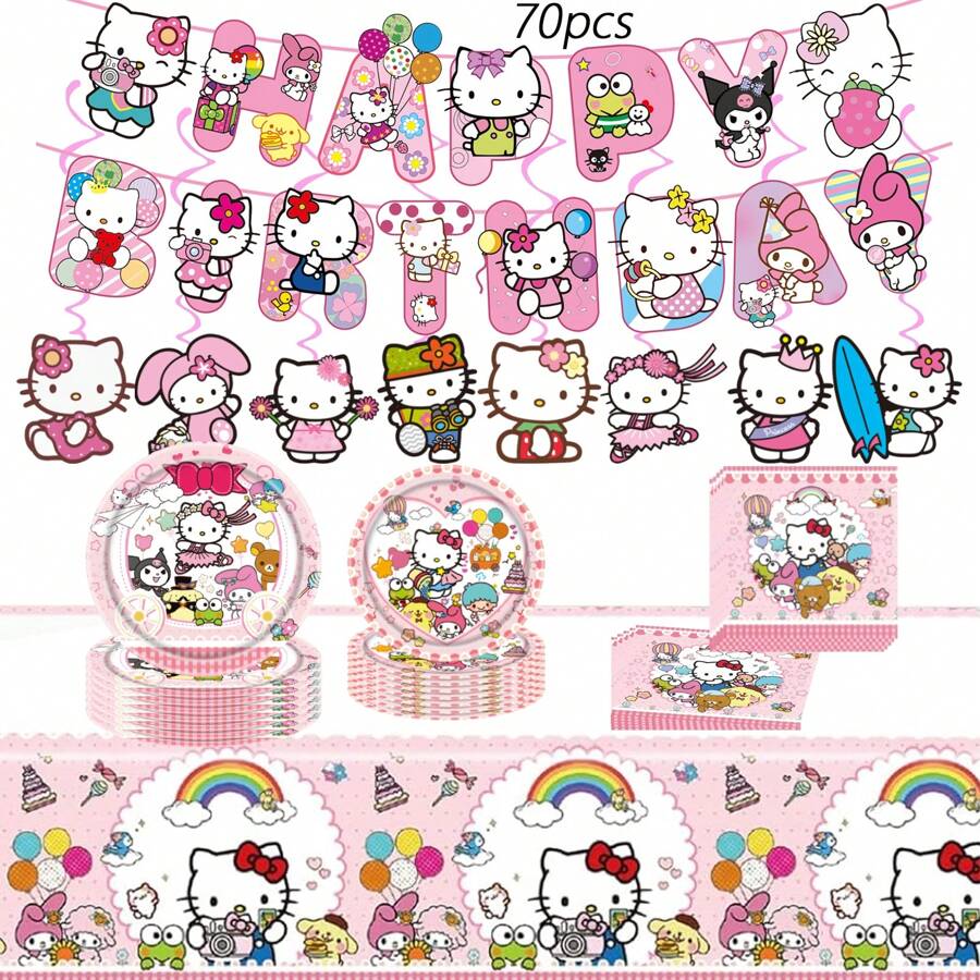 Sanrio 70pcs Sanrio Hello Kitty Party Supplies,Included Birthday Banner,Hanging Vortexs,Plates,Napkins,Tablecloth For Hello Kitty Birthday Party Decorations,For Hello Kitty Party Decorations,Hello Kitty Birthday Party Decorations,Hello Kitty Party Decorations