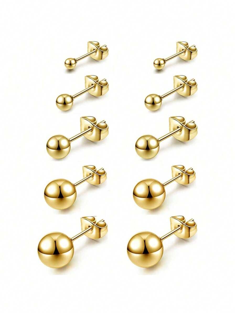 5 pares de pendientes de botón para mujer, set de pendientes de botón, pendientes de botón de cubic zirconia pequeños, pendientes de botón de acero inoxidable hipoalergénicos con CZ para mujer, sin níquel y sin alergias, pendientes de botón de respaldo plano