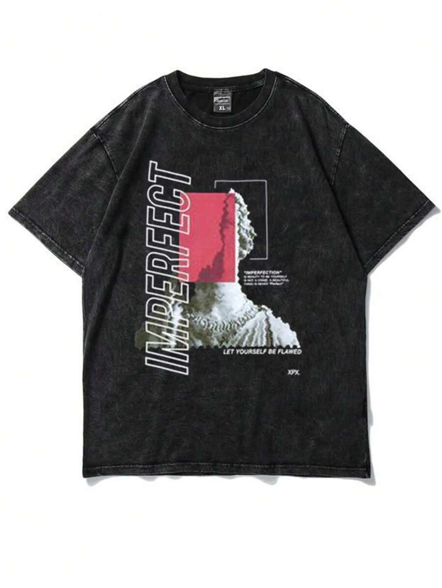 A Black Washed And Stir-Fried Snowflake 230g Cotton T-Shirt, "DAN DA DAN" Red Three-Dimensional Letter Print, Dark Style Y2K Style