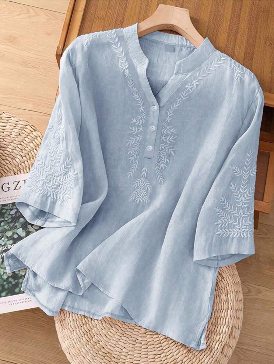 Blusa casual de lino holgada con bordado asimétrico de unicolor para primavera y verano