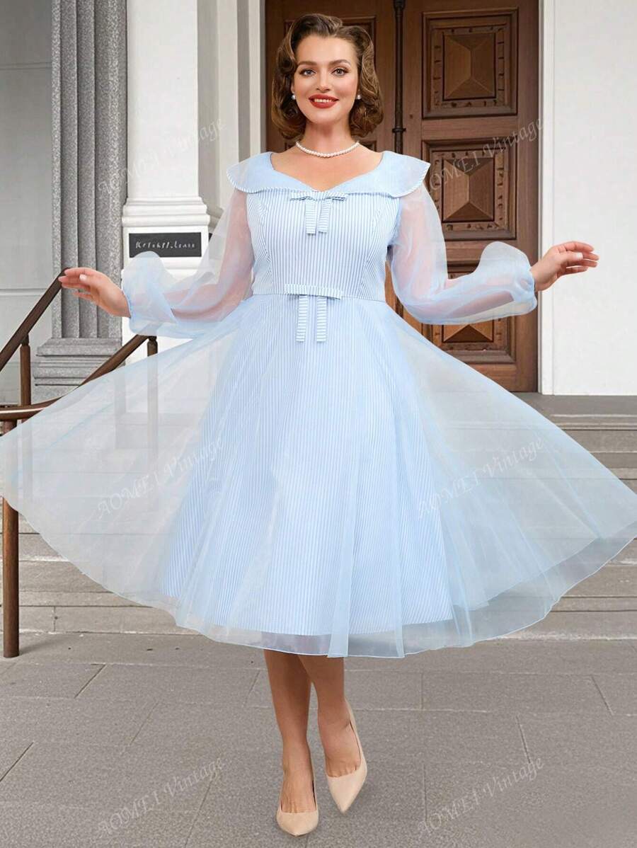 Abito midi vintage a balze blu a righe con maniche a lanterna in tulle trasparente, colletto con fiocco alla cravatta