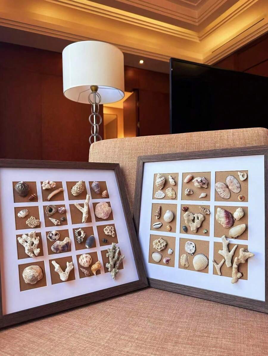 1pc DIY Shell Photo Frame, Handmade For Parents-Child, Couples, Peach Wood Color Frame