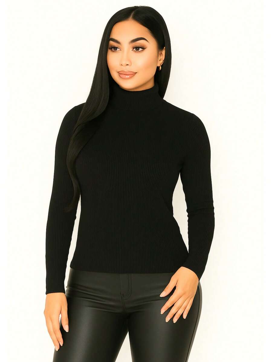 Blusa Cacharrel feminina canelado Gola Média Manga Longa Segunda Pele Moda Simples Casual