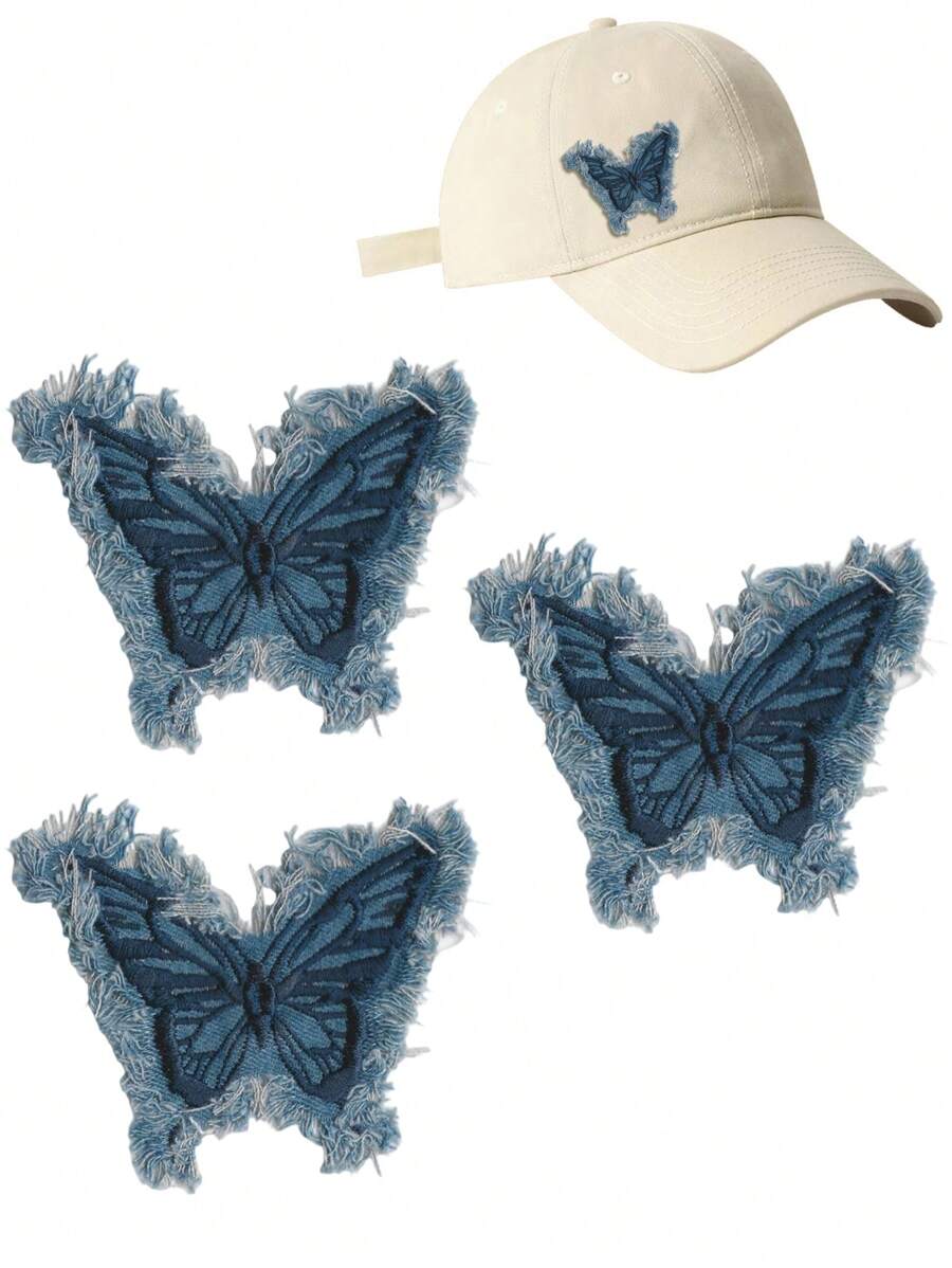 Hat Decoration, Denim Fabric, Washed Tassel, Beard Edge Effect, Butterfly-Shaped Embroidered Patch