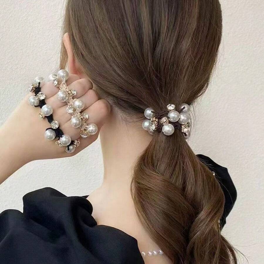 1pc Elegant Rhinestone Faux Pearl Hair Tie For Women, Simple Chic Hair Band Hair Accessory Ponytail Holders Hair Elastics Hair Rubber Bands Scrunchies Hair Rope Elastic Hair Tie, Hair Bobbles