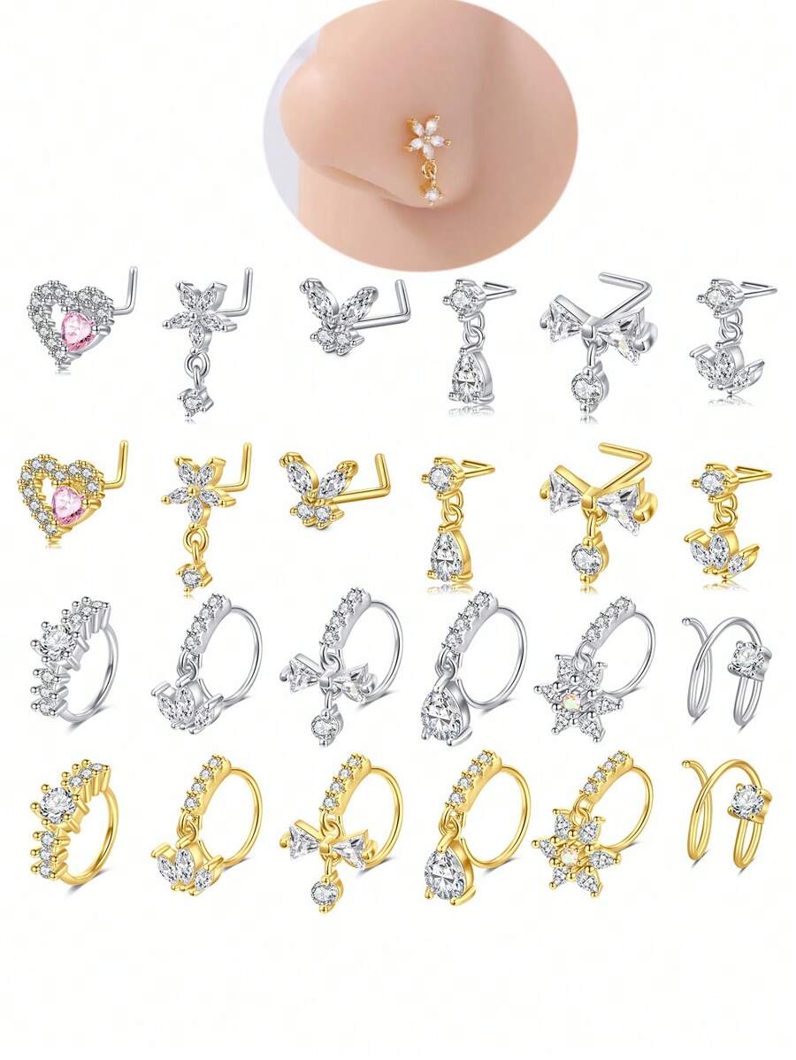 AVYRING 2 Peças 20g Brinco de Nariz Pendente em Formato de L Pendente para Mulheres, Brinco de Nariz de Aço Inoxidável com Flor de Zircônia Cúbica, Argola de Nariz Pendente, Joia de Piercing de Nariz