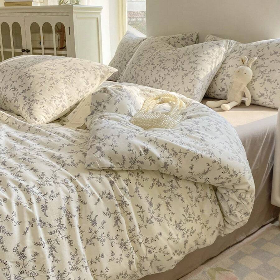 1 pièce Housse de couette florale à petits motifs chiffonnée, douce et confortable, style minimaliste, double couche de gaze, lavable en machine