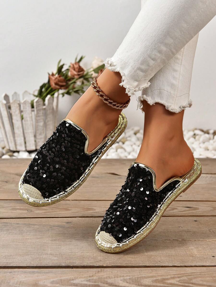 Women's Fashion Flat Woven Straw Shoes, New Spring/Summer Fisherman Shoes, Rope Sole Black Ladies Flat Slip-On Shoes