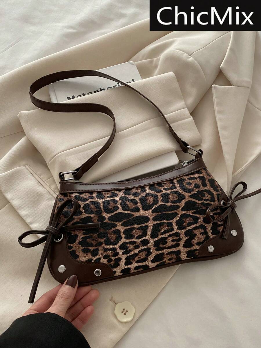 Bolsa de ombro feminina elegante, de cor sólida, com rebites simples e estampa de leopardo, ideal para compras, carteiras, compras, jovens mulheres, estudantes universitárias, recém-chegadas e trabalhadoras de colarinho branco. Ideal para escritórios, universidades, trabalho, negócios, deslocamento diário, atividades ao ar livre, viagens e passeios.