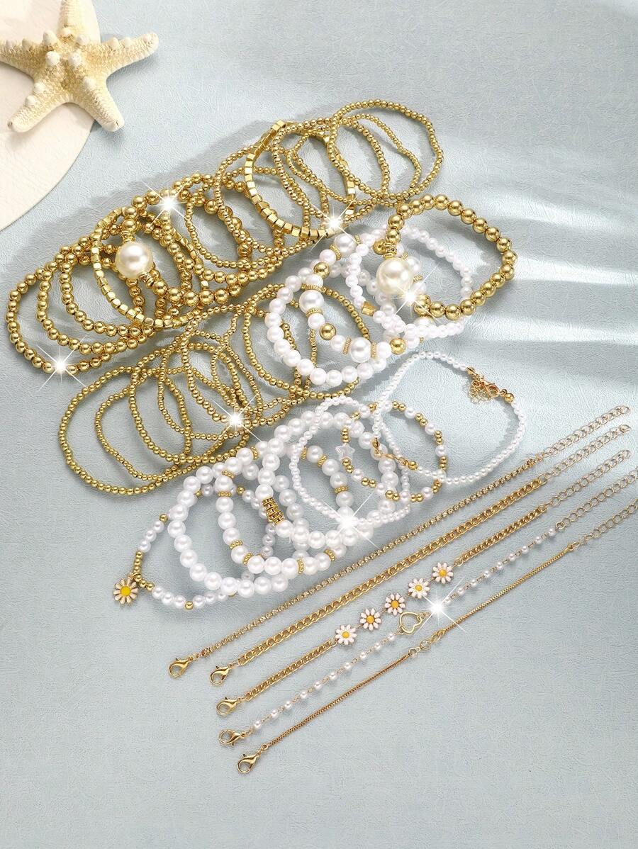 12/8/7/5/4pcs Set Beaded Chunky Faux Pearl Geometric, Round Bead, Square Flower, Heart, Rhinestone Sparkling Stretch Bracelet, Fashion Chic Elegant Retro Design, Suitable For Holiday, Party, Dating, Gift, Daily Wear