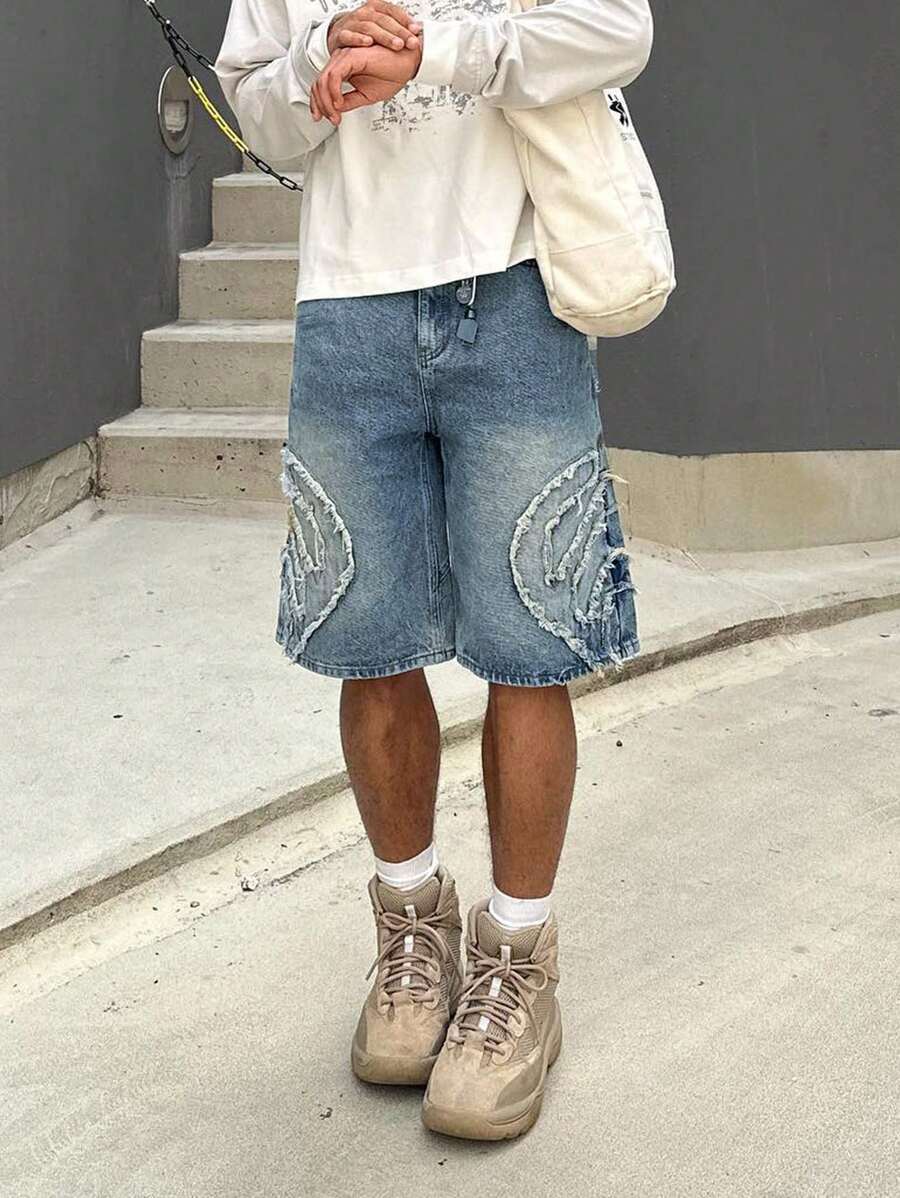 Short en jean décontracté lâche et délavé pour homme