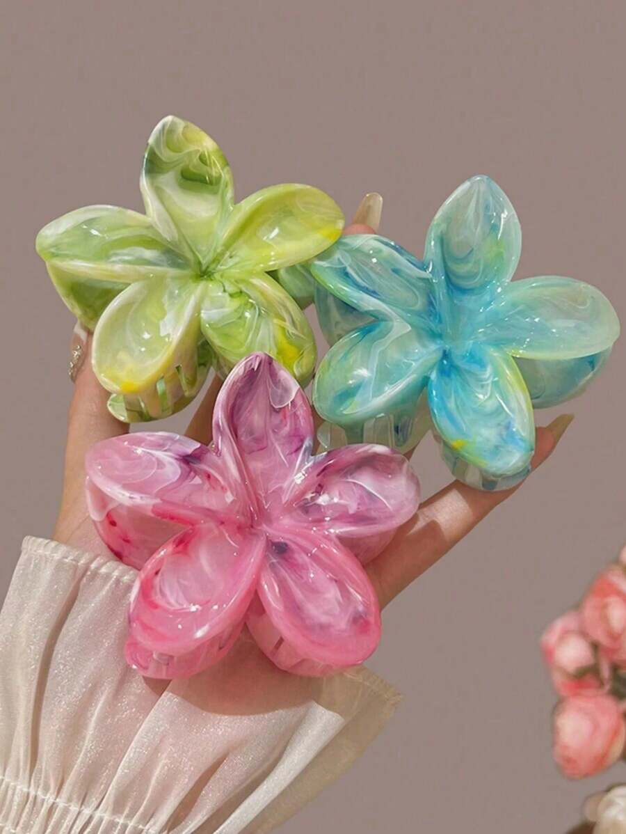 Set de 3 pinzas para el cabello de flores grandes degradadas de acrílico, accesorios elegantes y vintage con textura de mármol para el cabello de la mujer, aptos para uso diario casual y viajes a la playa - Pinza de pelo, sujeta-cabello, recogedor de cabello