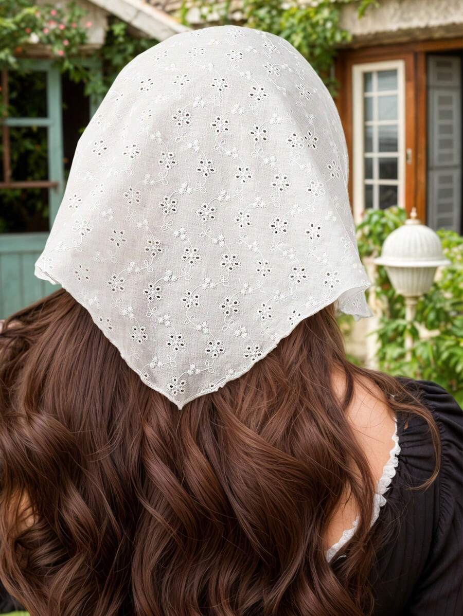 1pc White Embroidered Floral Triangle Scarf Headband, French Countryside Style, Suitable For Daily Outfit, Picnic, Beach Vacation Bandanas Head Bandana Hair Scarf