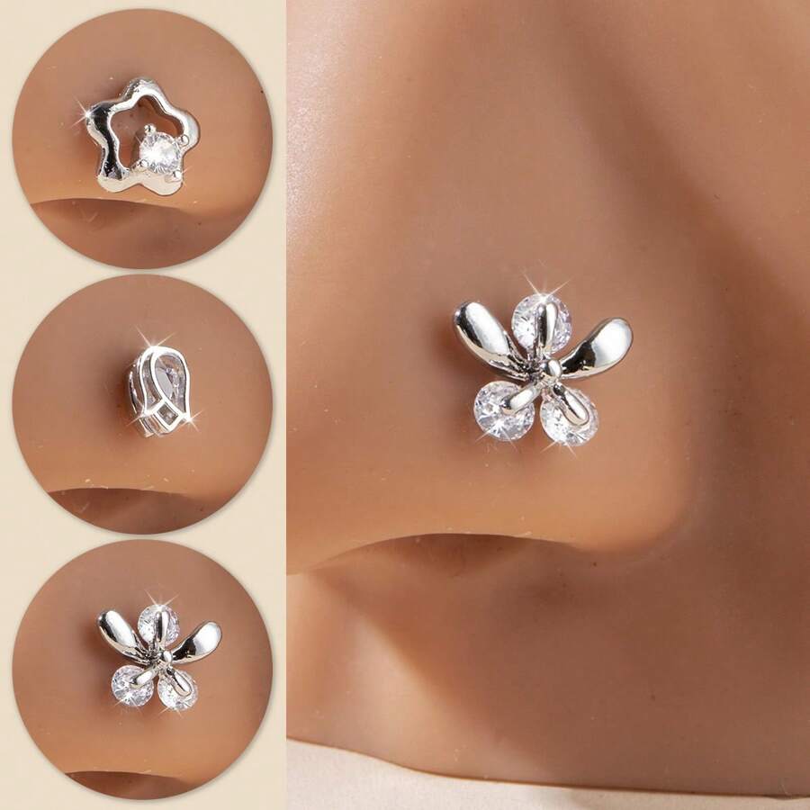1pc Fashion Charm Style Copper Inlaid Zirconia 'L' Bar Flower Stainless Steel Nose Stud, Suitable For Women Daily Wear, Body Piercing Jewelry, Gift For Friends