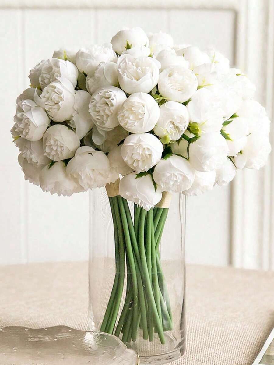 27 têtes de fleurs / 9 tiges / bouquet, camélias artificiels, une tige avec trois fleurs, fausses fleurs avec bord brûlé, roses, pivoines, fleurs de thé, accessoires pour photo de mariage, petit bouquet de décoration pour la maison, ornement, accessoires pour photo de mariage, petit bouquet de décoration pour la maison, décoration de table de salon à la maison, composition florale DIY pour la décoration de la proposition, décoration de salle à manger et de salon à la maison