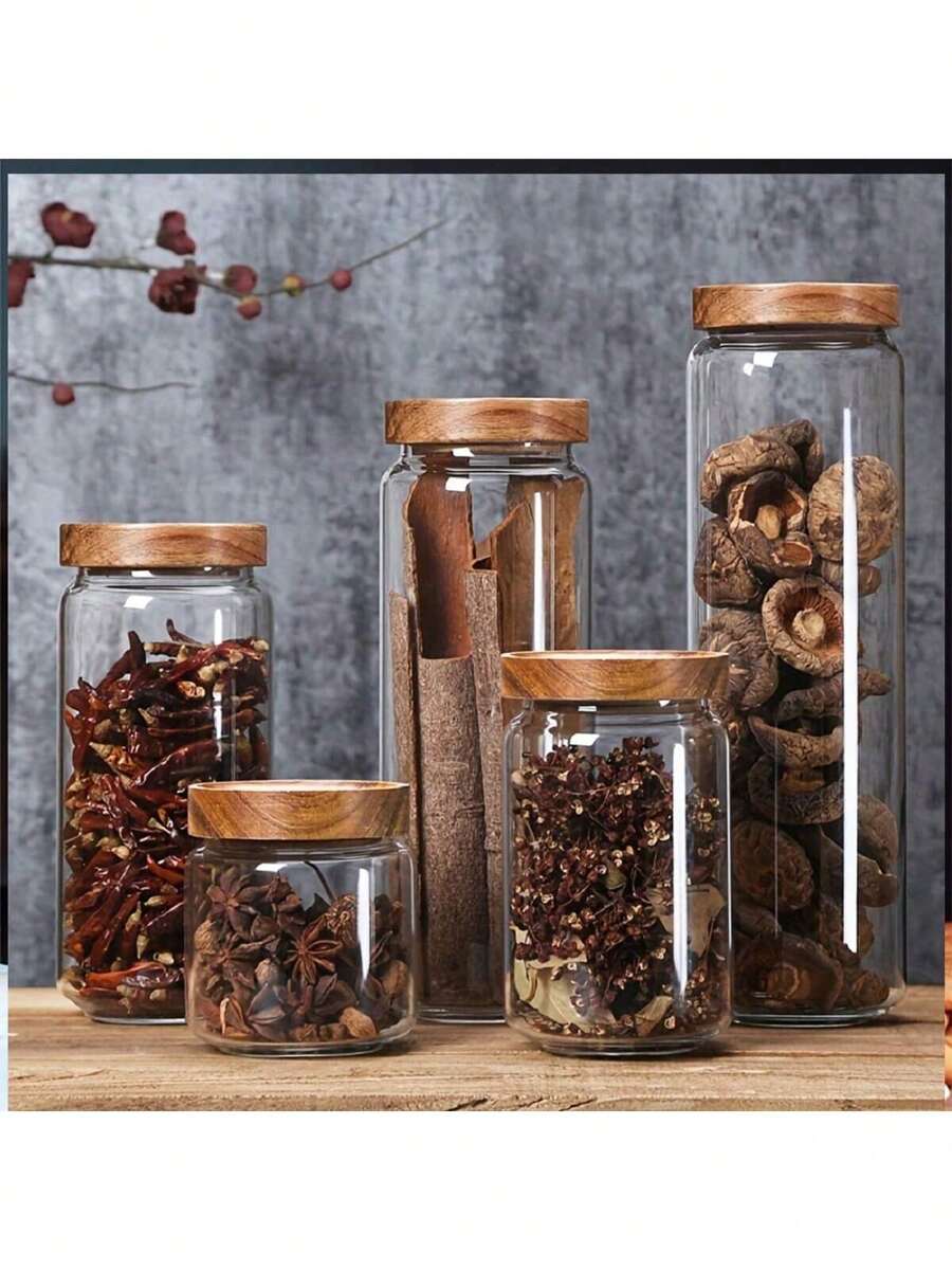 1pc Glass Storage Jar With Wooden Lid, Airtight Transparent Borosilicate Glass Jar, Food Storage Container For Coffee Beans, Loose Tea, Nuts, Spices, Kitchen Accessory, 450ml/16oz, 750ml/26oz, 1000ml/34oz, 1500ml/51oz