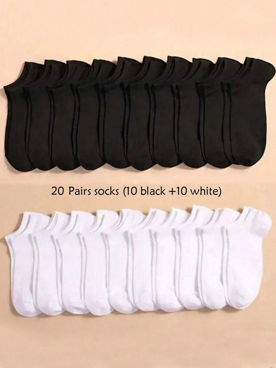 20 Pairs Unisex Black & White Casual Breathable Ankle Socks, No Show Socks, Comfortable Daily Wear And Travel