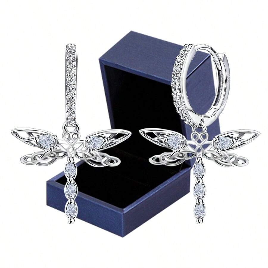 BRLINEY Sterling Silver Hypoallergenic Women's Earrings Cubic Zirconia Hoop Earrings Dragonfly Earrings Fashionable And Exquisite Earrings Birthday Gifts
