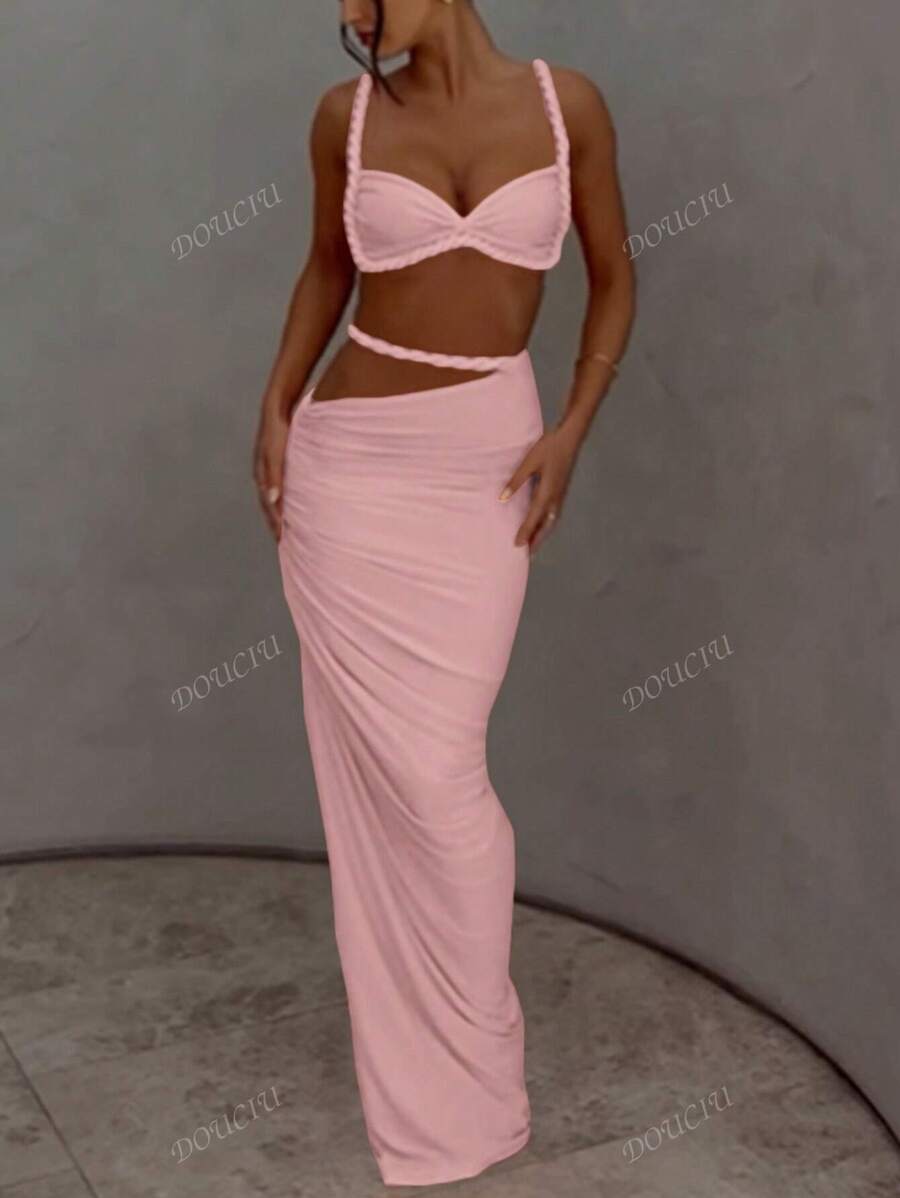 Summer Sexy Backless Camisole Vest, Hip Hugging Pleated Skirt Set