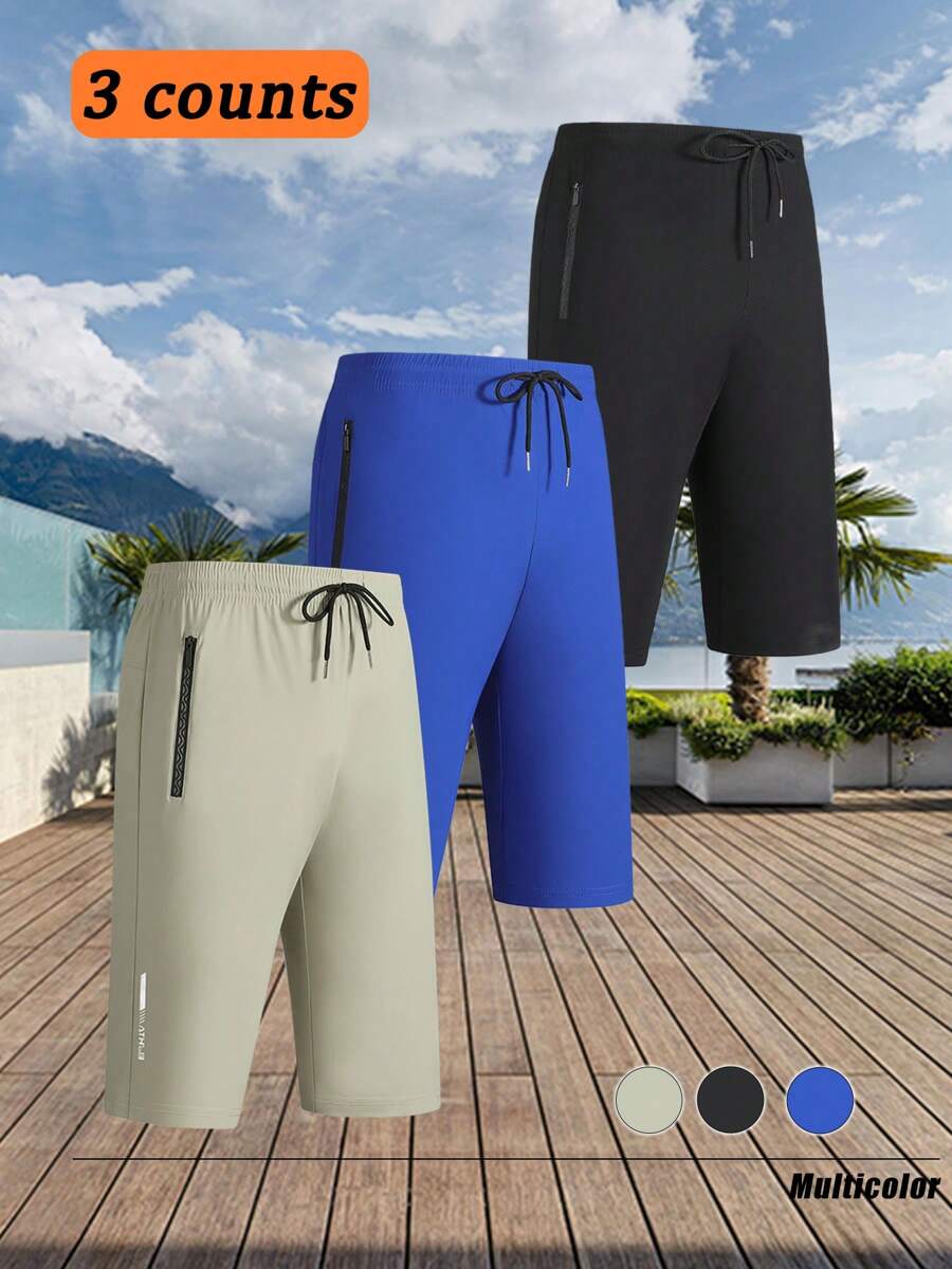 3 Counts Ice Silk 7-Inch Shorts For Men: Summer Running, Quick-Dry Beach Mid-Length Pants For Sports And Fitness With Breathable Fabric